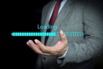 Businessman shows the sign of download application and waiting to loading from online server, Upload, download, internet, network. Data loading concept