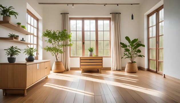 A bright and airy living room featuring potted plants and large windows that allow natural light to flood the space. 