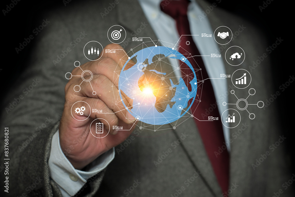 Poster businessman showing virtual global internet connection metaverse. financial and banking, digital lin