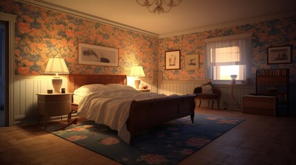 Cozy bedroom interior, big bed. Home decor.