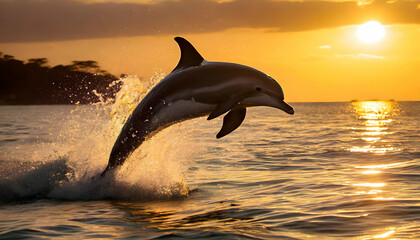 Fototapeta premium dolphin leaping from the water as the sun sets, casting a golden glow.