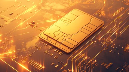 A closeup of the chip on a credit card, highlighting its intricate details and golden glow. The background is blurred to emphasize focusing on capturing a high-quality image of that side of the