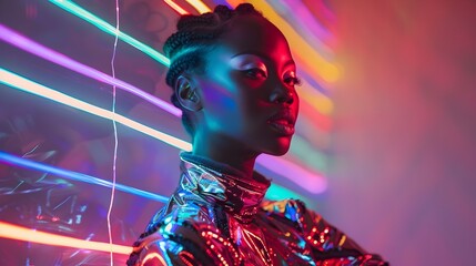 Obraz premium Futuristic Metallic Model Confidently Posing on Neon Lit Runway Showcasing Fashion Trends
