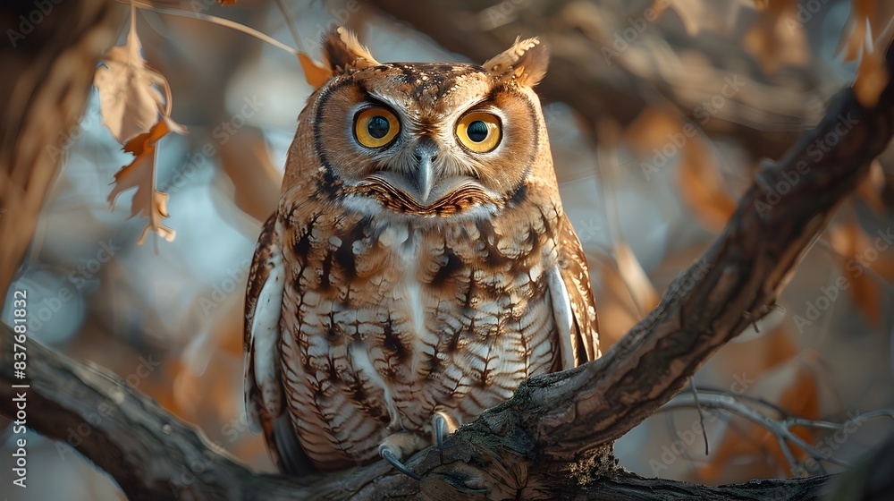 Poster wise owl perched on tree branch with large expressive eyes in moody autumn light