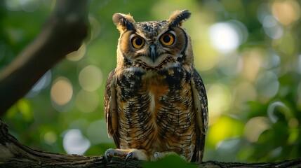 Obraz premium Wise Old Owl Perched on Tree Branch with Expressive Eyes Staring into in Natural Wildlife Portrait
