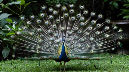 Obraz premium Vibrant Peacock Displaying Its Elaborate Feathers in Lush Green Setting