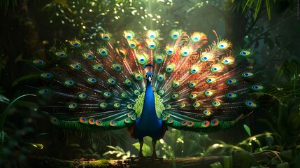 Obraz premium Vibrant Peacock Displaying Its Elaborate Feathers in Lush Green Habitat Wildlife Portraits Concept