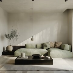 A minimalist living room with a light green sofa, white walls and a black coffee table, soft lighting creating a serene atmosphere