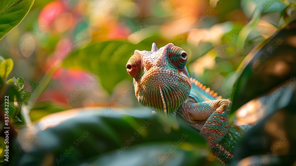 Poster curious chameleon blending into its lush tropical environment with unique color patterns
