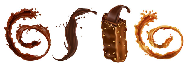 Set of High-Quality 3D Rendering of Chocolate Bar and Liquid Swirl, Rich Chocolate Bar with Liquid Swirl Isolated mockup for graphic design, Cut out, isolated on transparent background. Dynamic State