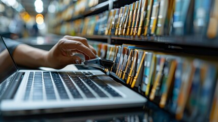 Person using laptop in library surrounded by books