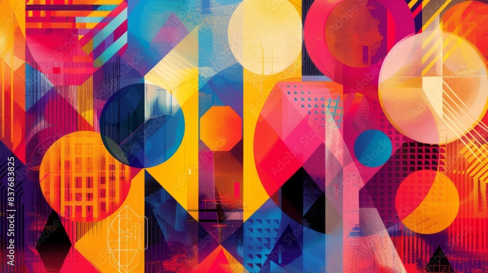 Poster a bold and vibrant abstract background composed of geometric patterns.