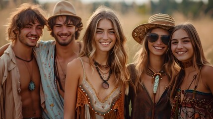 Group of Friends in Bohemian Chic Attire at Summer Festival with Layered Fabrics and Earthy Tones