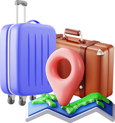 3d vintage suitcase with folded paper map