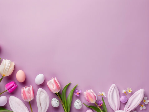 Easter eggs and tulip flowers on a pink background Easter card with decorated eggs and tulip flowers Christian Easter eggs on a pink background with copy space place for text
