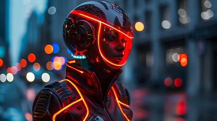 Futuristic Fashionista in Neon Lit Urban Landscape