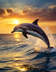 Fototapeta premium dolphin jumping in water.a dolphin jumping out of the water with the sun setting behind. 