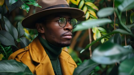 Man in Eco Friendly Fashion Surrounded by Lush Greenery Sustainability Concept