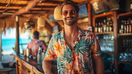 Obraz premium Stylish Man Enjoying Tropical Vacation at Beach Bar