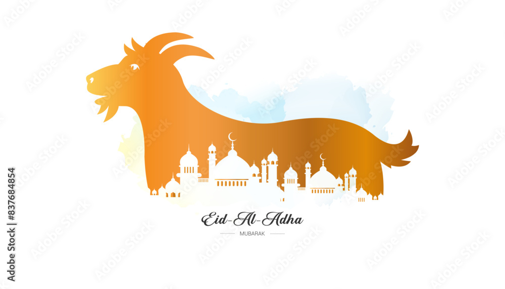 Sticker happy bakrid wishes or eid al adha mubarak. celebration banner with goat islamic holiday background.