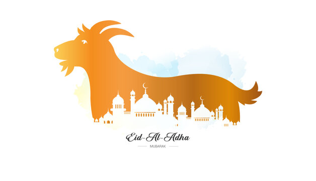 Happy bakrid wishes or Eid Al Adha Mubarak. Celebration banner with goat islamic holiday background.