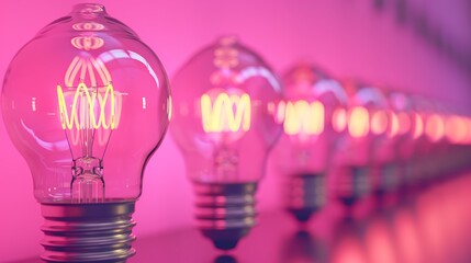  A collection of light bulbs aligned on pink backdrop Reflection of a bulb visible on left, right absent