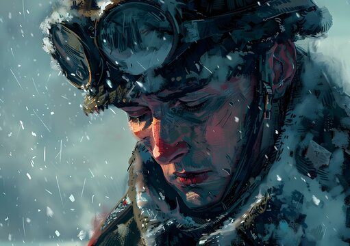 Portrait of a soldier wearing a fur hat and goggles