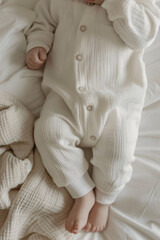 Top view of a baby wearing pajamas in white color, mockup