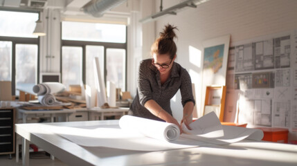 Architect at Work: Reviewing Blueprints in Sunlit Studio