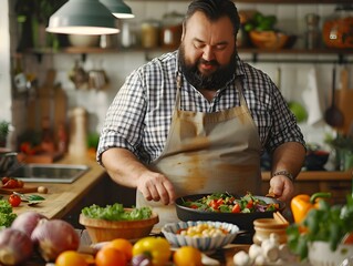 Overweight Man Cooking Healthy Meal in Modern Kitchen with Fresh Ingredients and Colorful Dishes