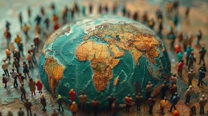 Miniature Figures on Textured Globe Map Illustrating Global Human Movement and Interactions