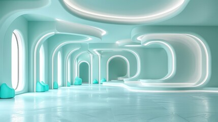 A room with blue vases on the floor, ceiling lights, and a central circular light fixture illuminated