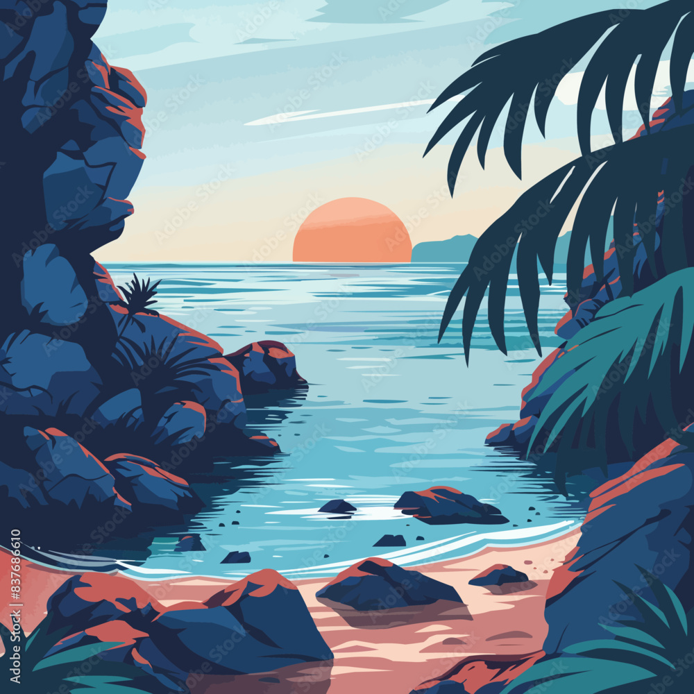 Wall mural Rocky ocean shore with crystal clear water and palm trees. Vector flat minimalistic isolated illustration. - Wall murals