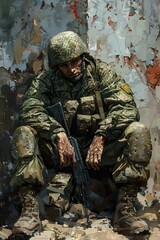 Fototapeta premium A soldier sits on the rubble of a destroyed building.