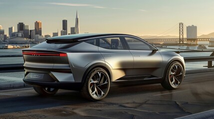 The sleek lines and aerodynamic design of a modern electric SUV on a bridge overlooking a city