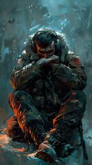 Fototapeta premium Soldier sitting on the ruins of war