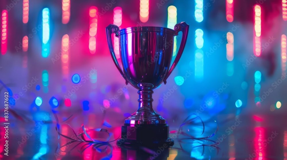 Poster the trophy on display in a studio, casting a soft, blurred background with colorful neon lights