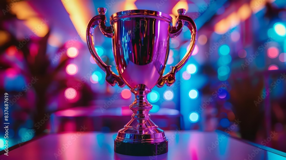 Poster the trophy on display in a studio, casting a soft, blurred background with colorful neon lights