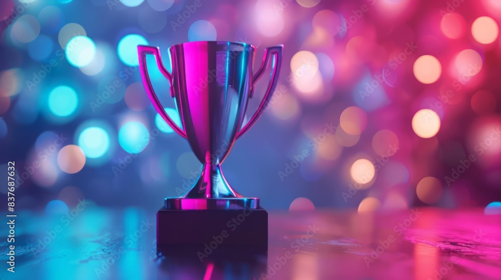 Poster the trophy on display in a studio, casting a soft, blurred background with colorful neon lights