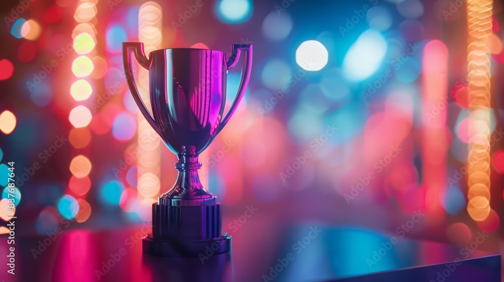 Poster the trophy on display in a studio, casting a soft, blurred background with colorful neon lights