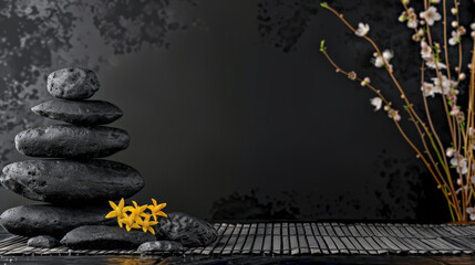 Minimalist zen interiors composition in dark tones with copyspace.