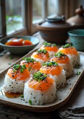 Onigiri - Rice balls wrapped in nori, filled with salmon, pickled plum, or tuna. 