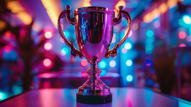 The trophy on display in a studio, casting a soft, blurred background with colorful neon lights