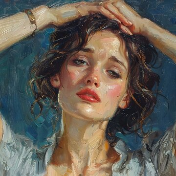 Portrait of a young woman with brown hair and red lips