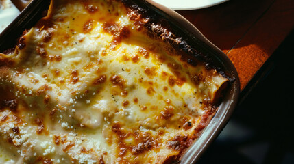 Golden Baked Lasagna in Casserole Dish Close-Up