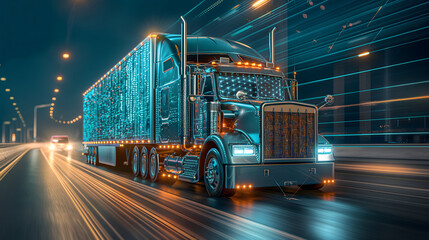 High-tech truck driving at night with glowing lights