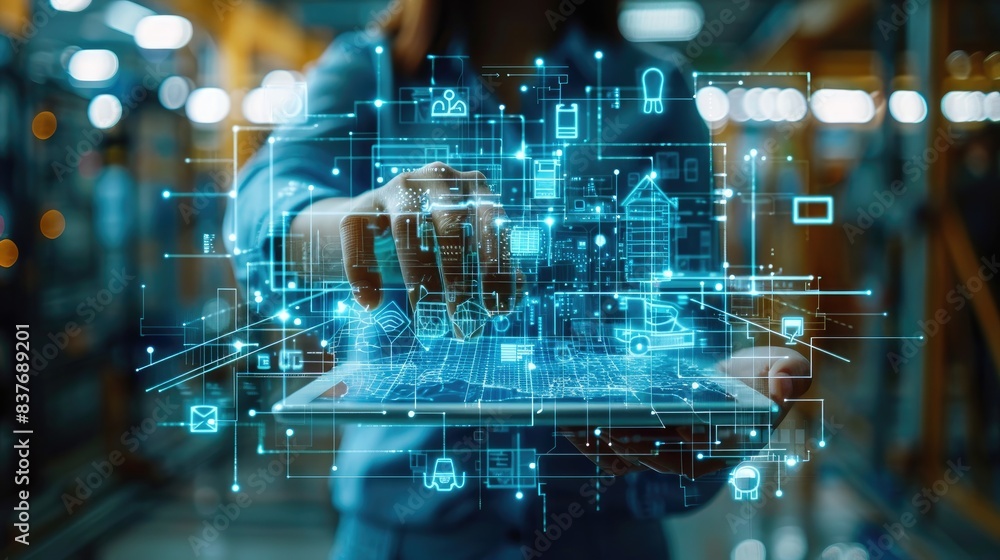 Aufkleber a person interacts with a futuristic digital interface, representing advanced technology and innovat