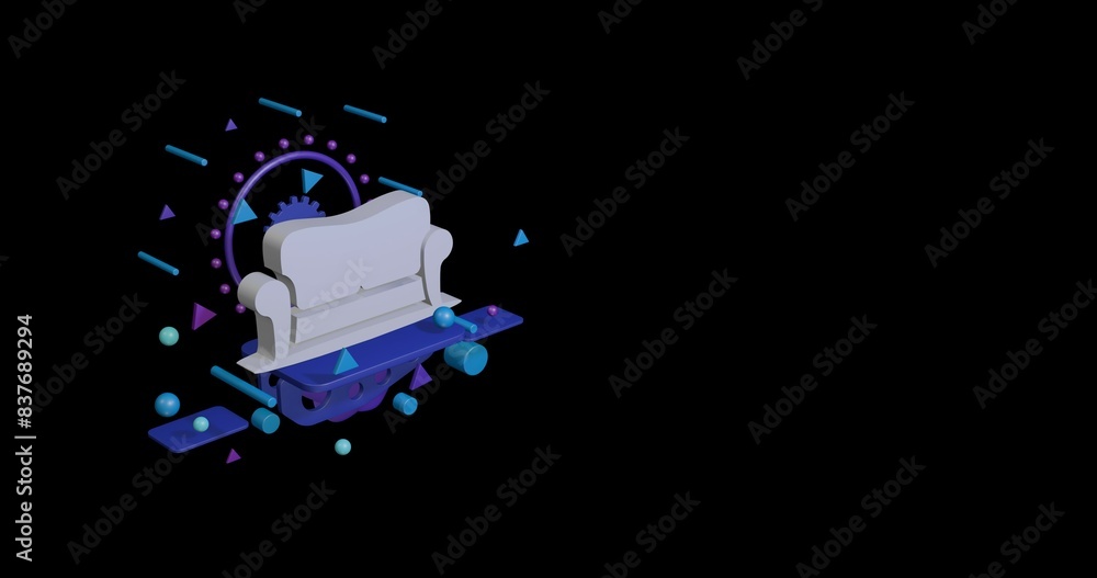 Poster white sofa symbol on a pedestal of abstract geometric shapes floating in the air. abstract concept a