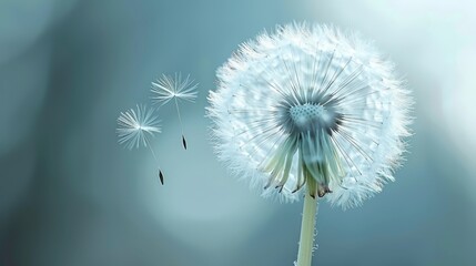  A dandelion wavers in the wind against a blue-gray backdrop Its crisp form softens into a blurred center in the image