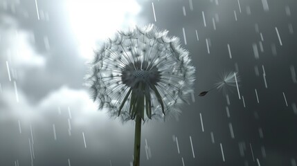  A dandelion sways in the wind, cloudy sky looming overhead Rain gently drizzles on the ground below Above, a bird flies